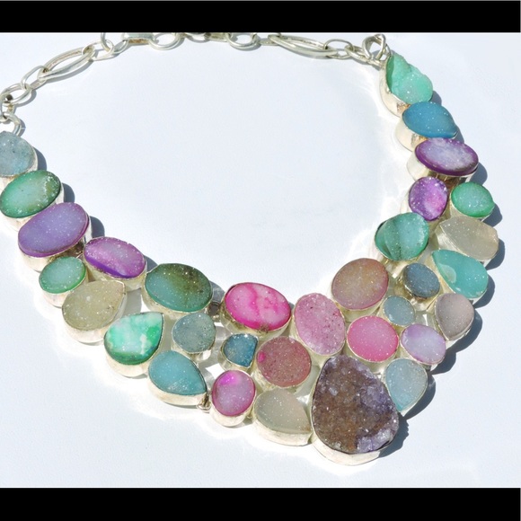 Agate Candy Rainbow Druzy Sterling Silver Necklace - Picture 2 of 6